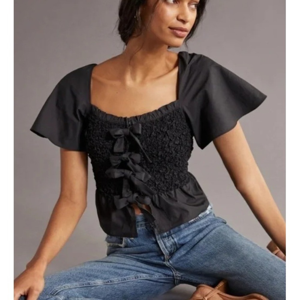 Mare‎ Mare x Anthropologie Black Smocked Puff Sleeve Peplum Tie Front Top M